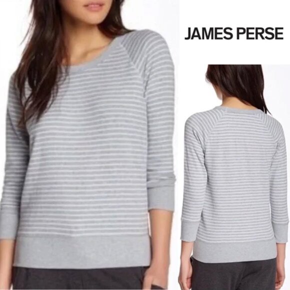 JAMES PERSE Raglan Pullover Sweatshirt Top Gray White Striped Cotton 3 L $145 - Picture 2 of 15
